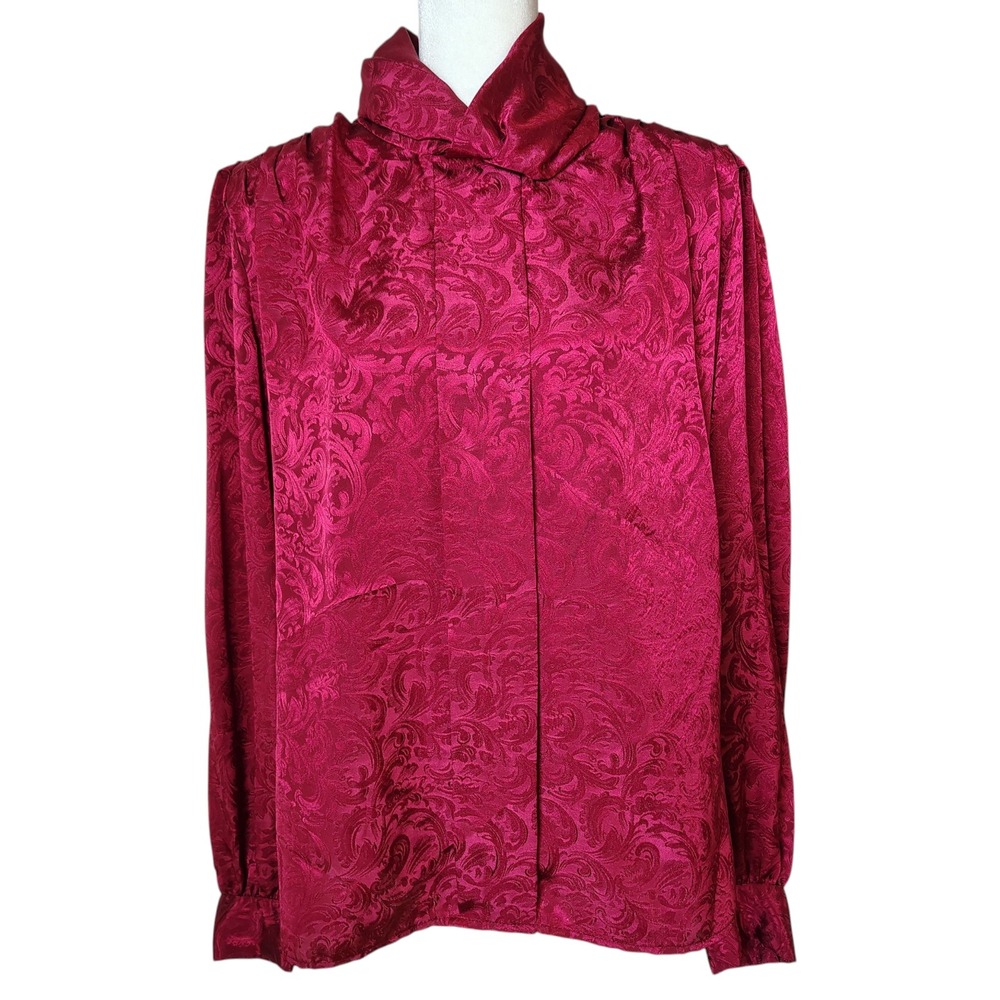 Vintage 70s Alexandria‎ Blouse Burgundy Paisley High Neck Long Sleeve Elegant